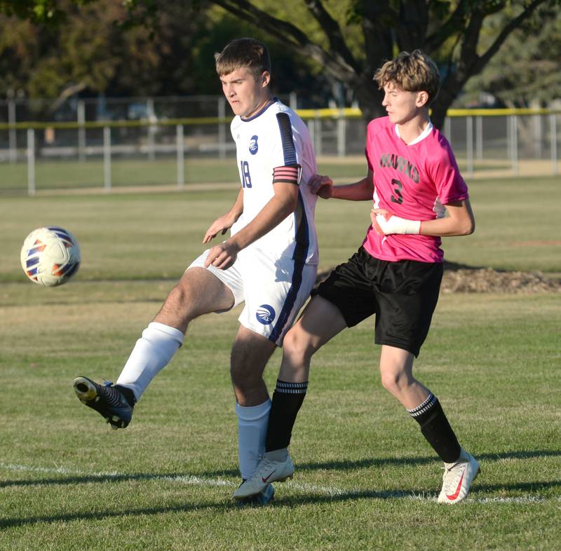 Faith Christian's Vander Bidzioch plays the ball as Oregon's Noah Near defends during a Thursday, Oct. 9, 2025 game at Oregon Park West.