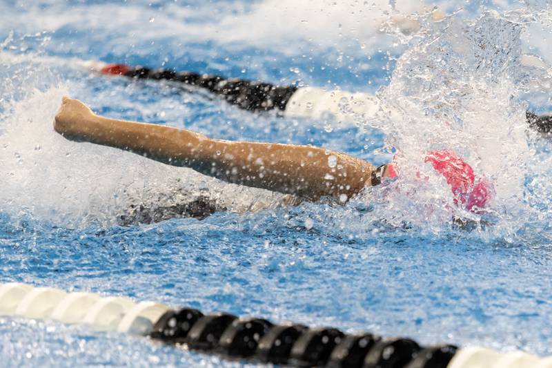 Plainfield’s Alexa Barajas competes in the 200 Yard Freestyle Relay during the IHSA Girls State Swimming Preliminaries at FMC Natatorium in Westmont on Nov. 14, 2025.