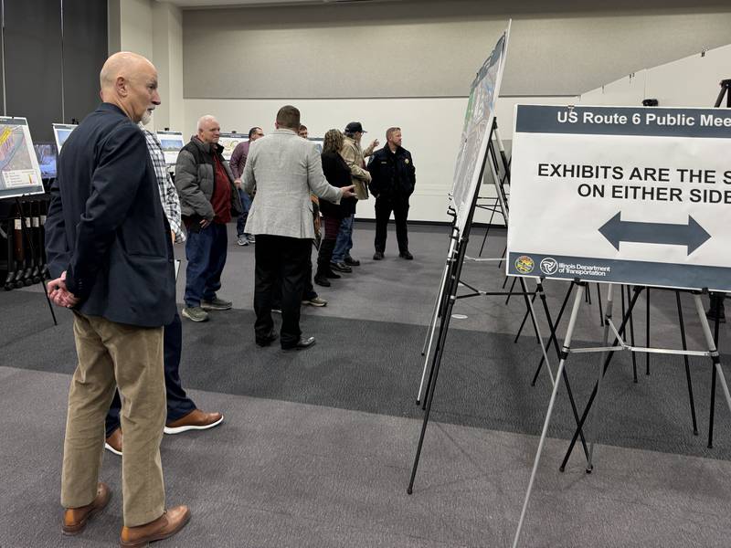 Engineers, Will County employees, Village of Channahon employees, and concerned citizens discuss potential changes to US Route 6 between East Frontage Road and Terminal Court in Channahon and Joliet.