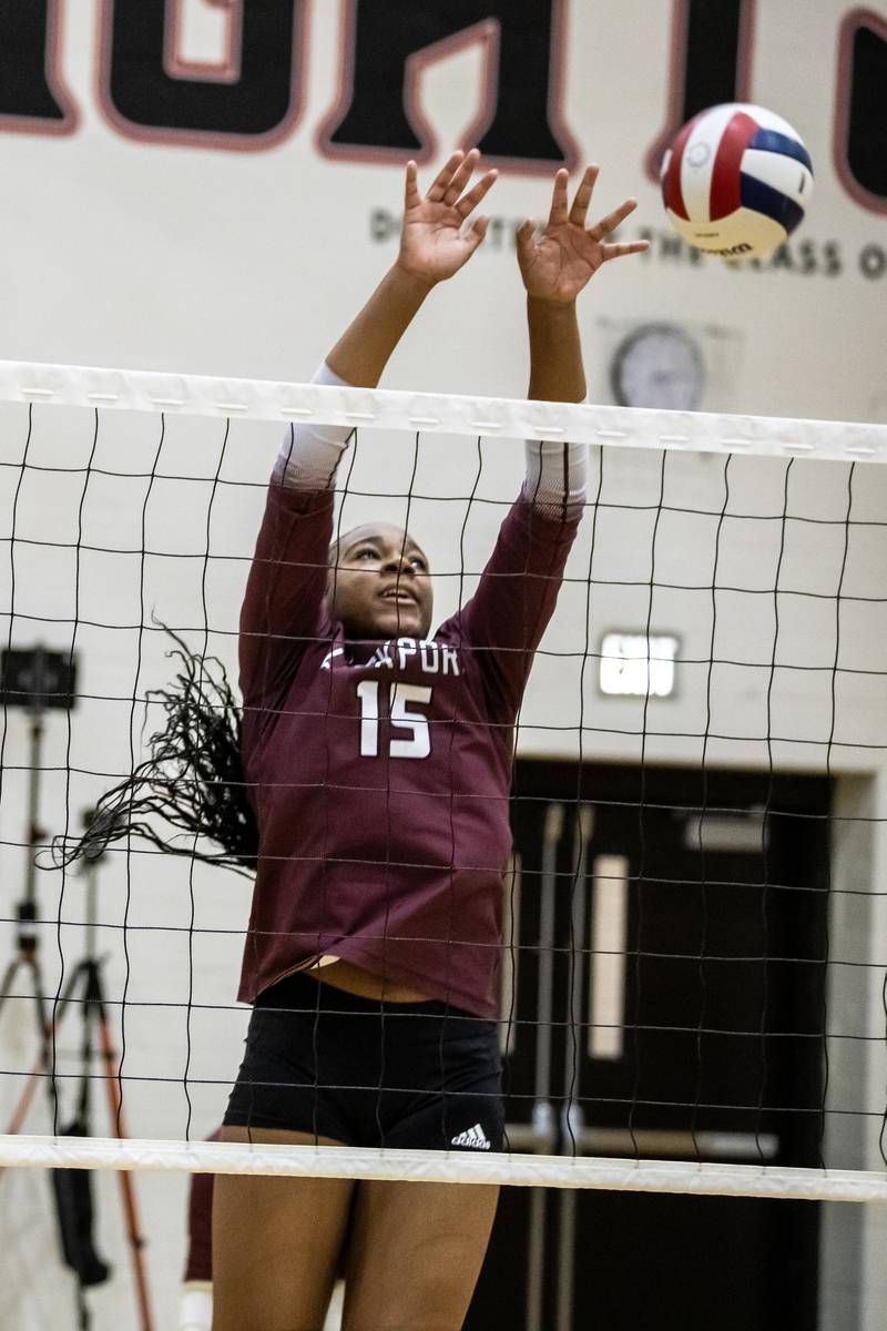 Lockport's Malia Cole goes-up to block during the 4A L-W Central Regional varsity volleyball game against Plainfield North at Lincoln-Way Central on Oct. 30, 2025.