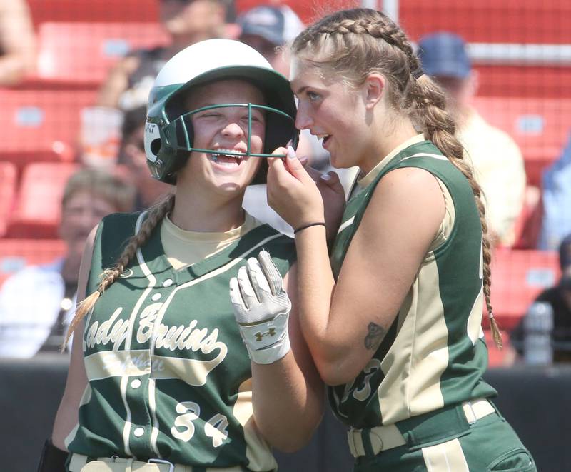 St. Bede's Tessa Dugosh reacts as teammate Addison Bontz pep talks her before batting in the Class 1A State semifinal game on Friday, June 2, 2023 at the Louisville Slugger Sports Complex in Peoria.