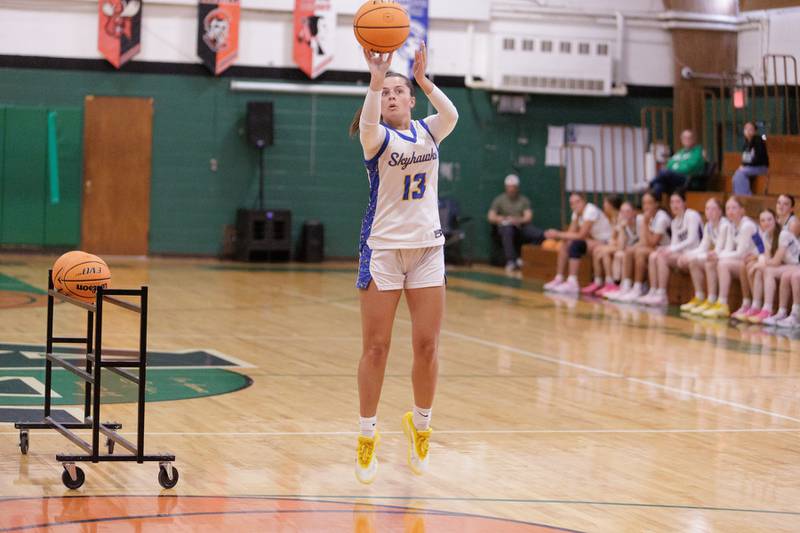 Johnsburg's Lauren McQuiston competes in the three point contest at the McHenry County Area All-Star Basketball Extravaganza on Sunday, April 12, 2026, at Alden-Hebron.