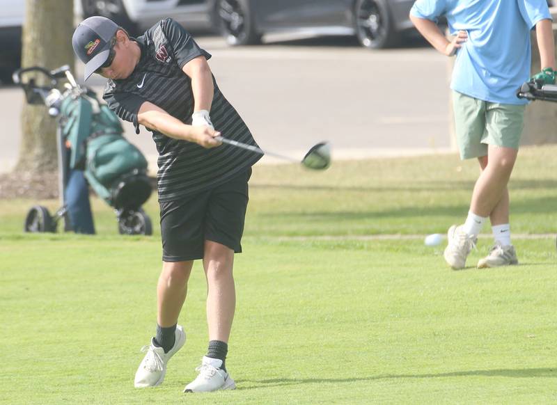 Woodland's Hayden Marsinko tees off during the Class 1A Regionals on Wednesday, Oct. 1, 2025 at Deer Park Golf Club in Oglesby.