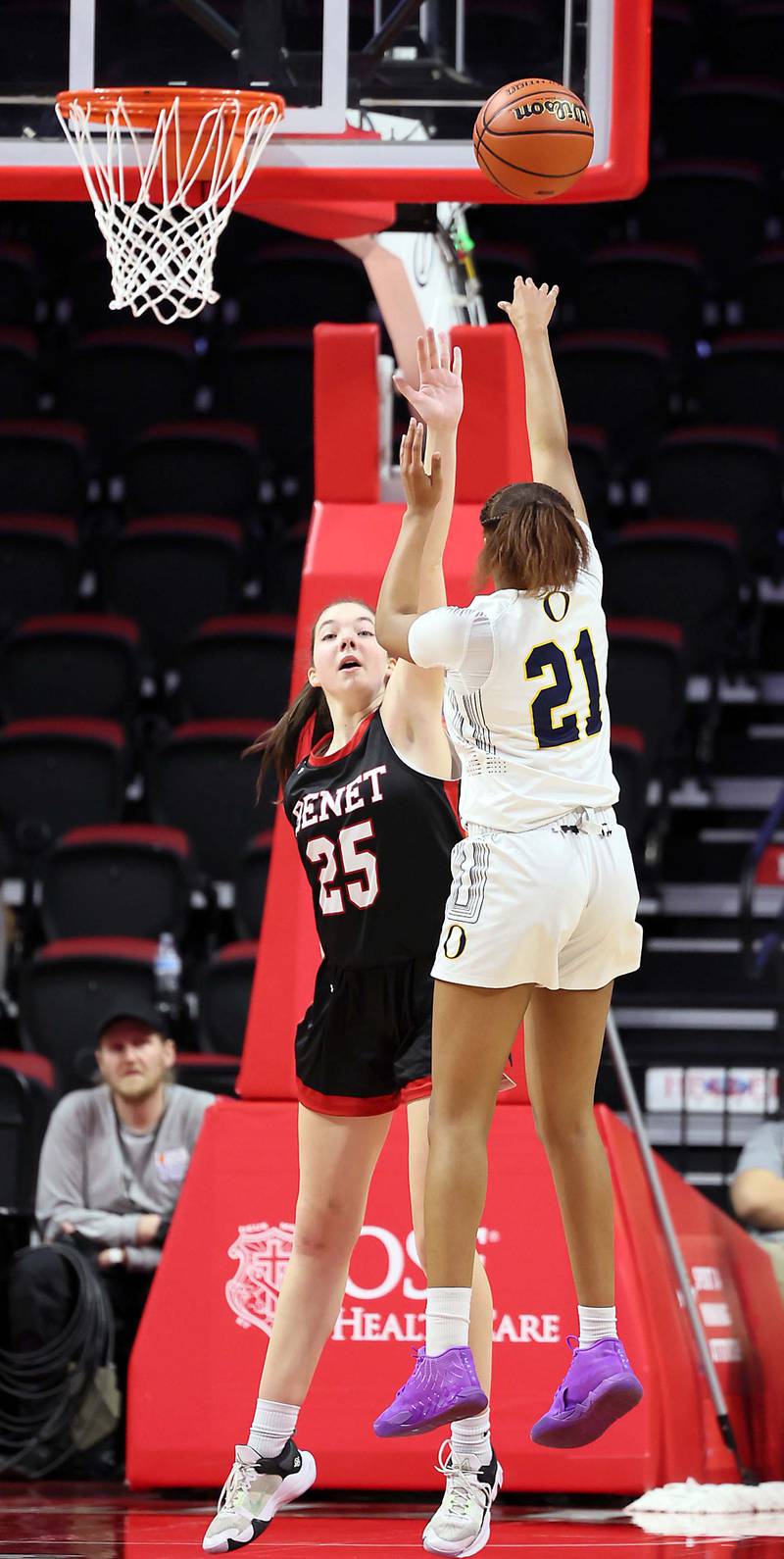 Benet Academy's Samantha Trimberger (25) tries to block a shot by O'Fallon's Shannon Dowell (21) during the IHSA Class 4A girls basketball championship game at the CEFCU Arena on the campus of Illinois State University Saturday March 4, 2023 in Normal.