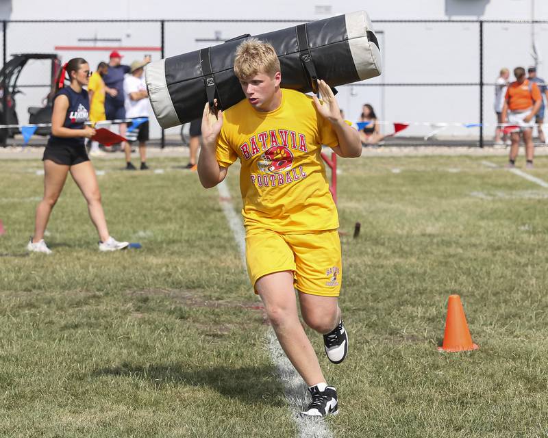 Wheaton Warrenville South's Liam Kerney participates in the Bench Press during the West Aurora "Battle of the Butts" Lineman Challenge, July 10, 2025  in Aurora.