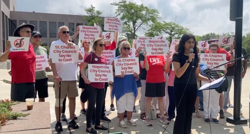 Rakshita Ruparel speaks against the proposed energy contracts with Illinois Municipal Electric Agency at a news conference outside the Naperville Municipal Center at 400 S. Eagle St. at 11 a.m. on Monday, July 28, 2025.