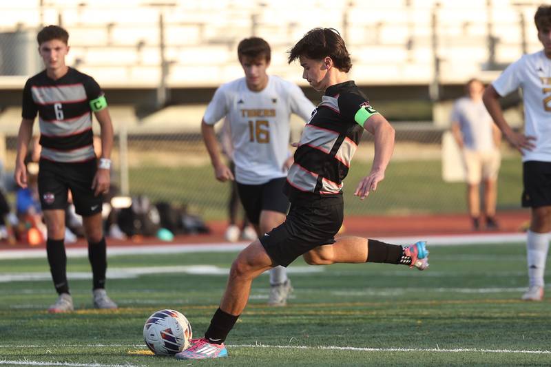 Lincoln-Way Central’s Reilly Follet scores on the penalty kick against Joliet West in the Class 3A Lincoln-Way Central Regional semifinal on Tuesday, Oct. 22, 2024 in New Lenox.