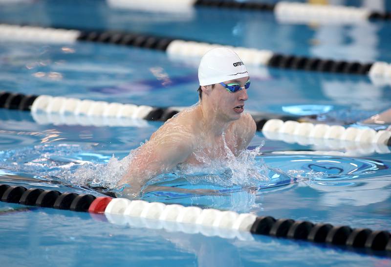 Cary-Grove’s Kasparas Venslauskas competes in the 100-yard breastroke consolation heat during the IHSA Boys State Championships on Saturday, March 1, 2025 at the FMC Natatorium in Westmont.