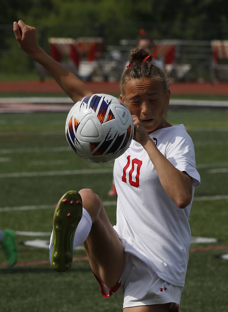 Timothy Christian's Brooklynn Bunn kicks the ball downfield in the IHSA Class 1A State Girls Soccer third-place match \against Williamsville on Friday, June 6, 2025, at North Central College in Naperville.