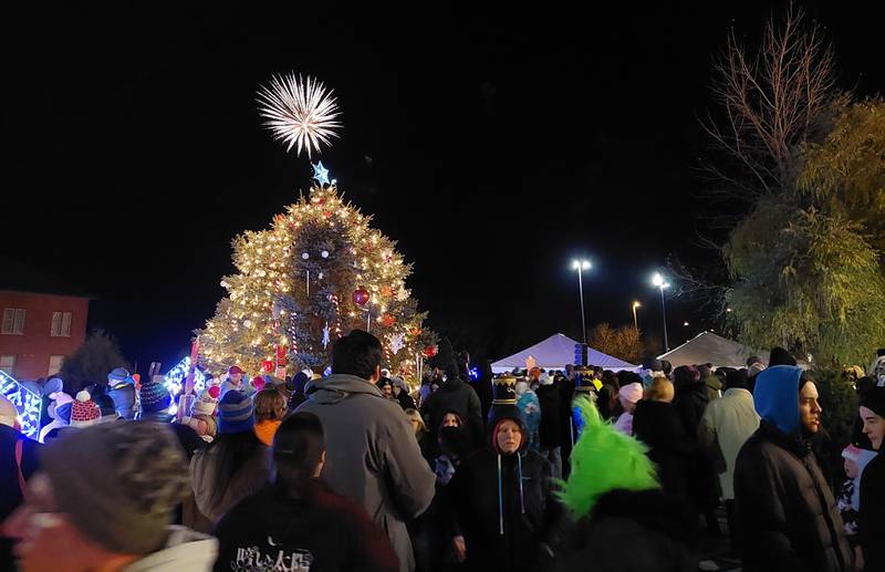 Fireworks explode Friday, Nov. 24, 2023, over the city Christmas tree on the Jordan block during the Festival of Lights in Ottawa.