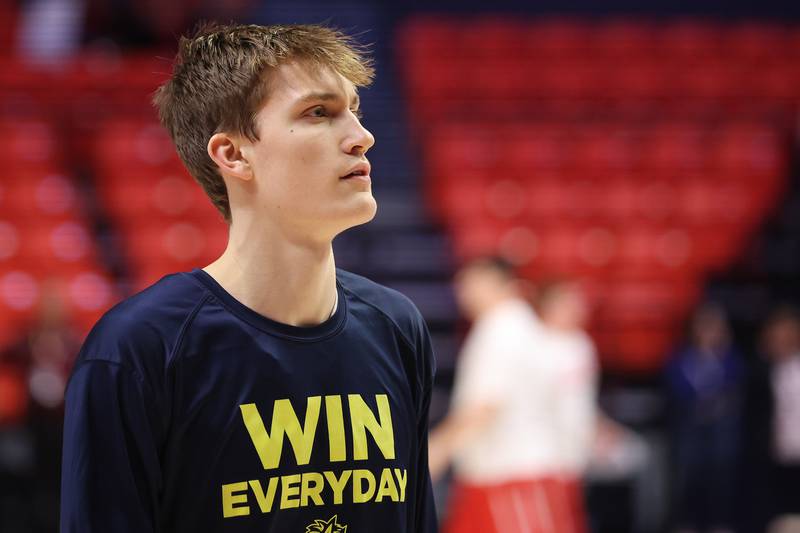 Yorkville Christian’s Jaden Schutt during warmups before the game against Liberty in the Class 1A championship game at State Farm Center in Champaign. Friday, Mar. 11, 2022, in Champaign.