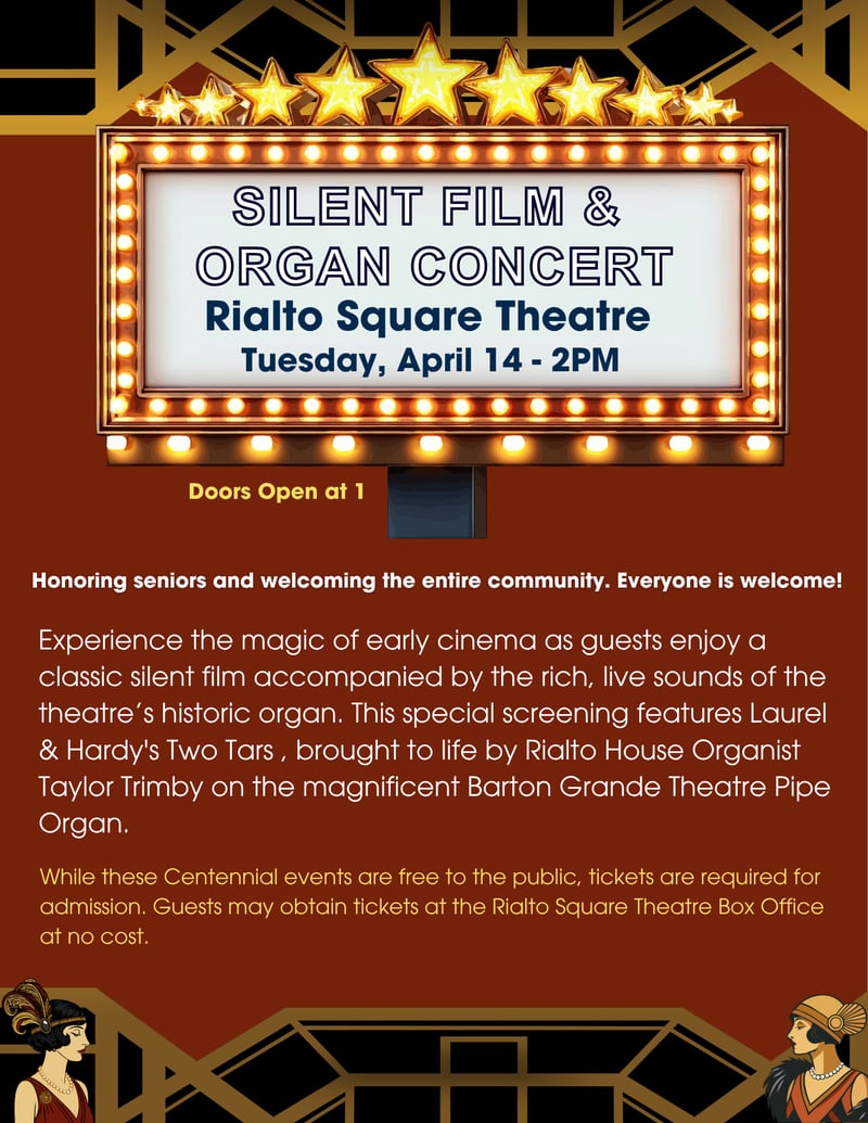 Experience the magic of early cinema at the Rialto Square Theatre in dowtown Joliet with a free Silent Film and Organ Concert at 2 p.m. Tuesday, April 14.