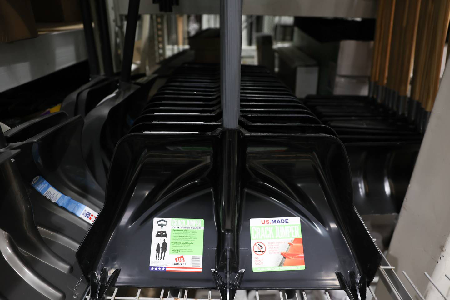 Shovels sit on a shelf at Menards in Crest Hill.
