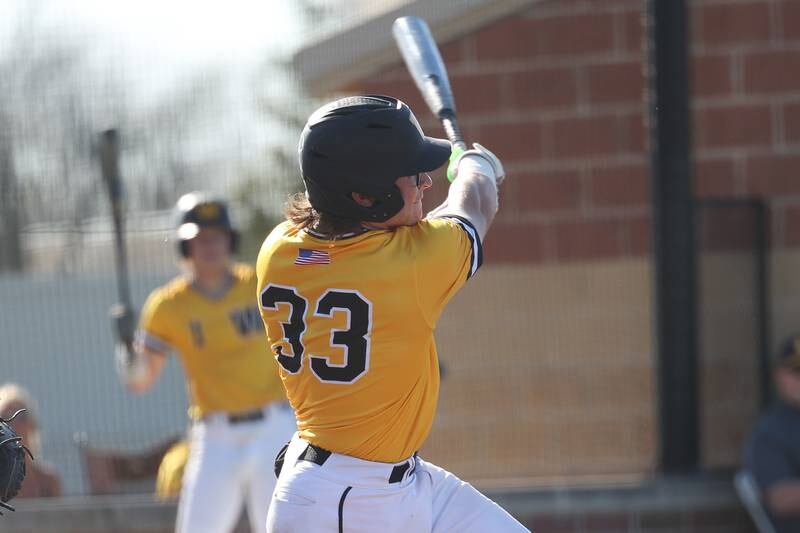 Joliet West’s Owen Young drives in two runs against Joliet Central on Monday, April 15, 2024.