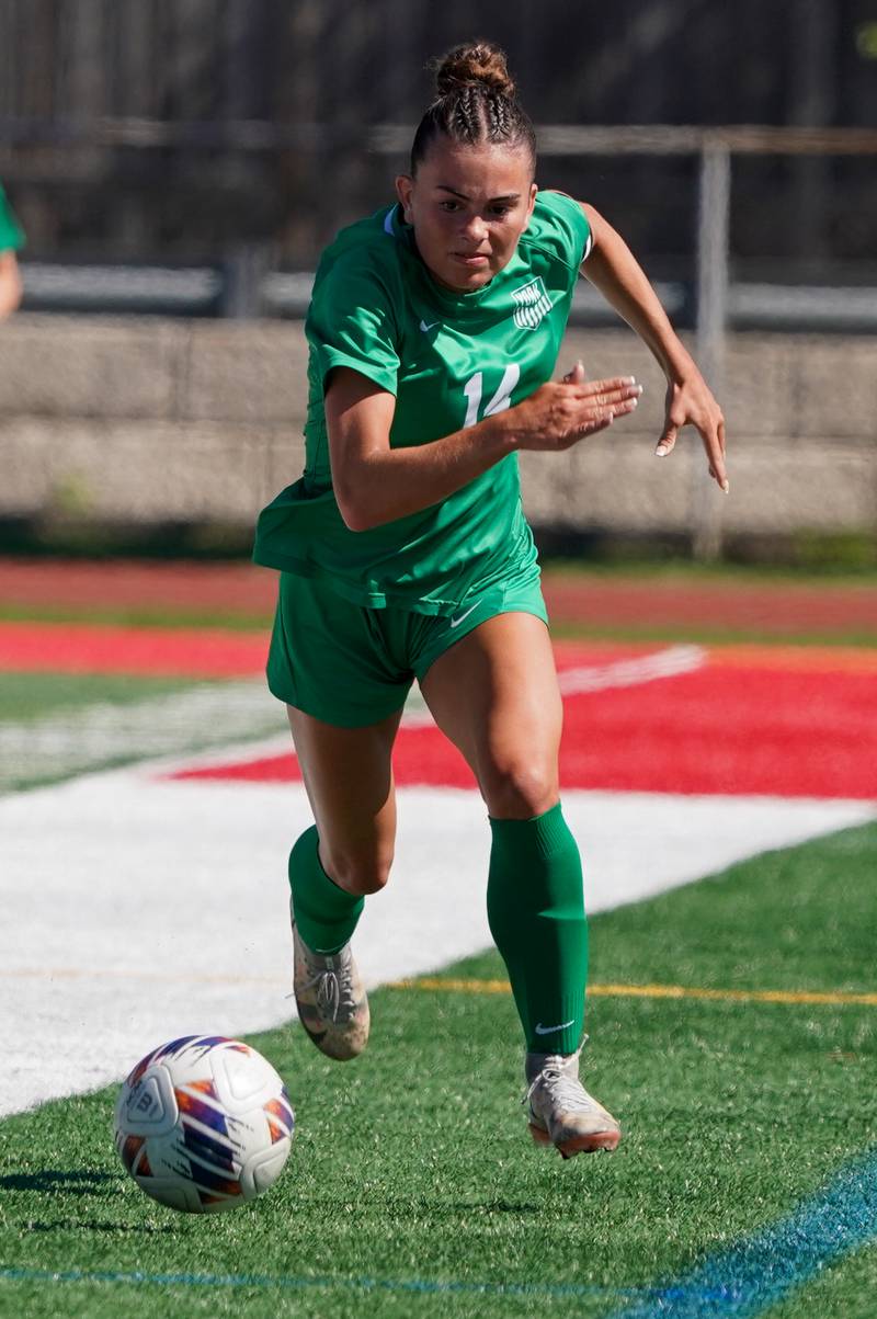 York’s Michaela Quinn (14) plays the ball during a Class 3A Hinsdale Central Sectional girls soccer championship match against Lyons at Hinsdale Central High School on Saturday, May 25, 2024.
