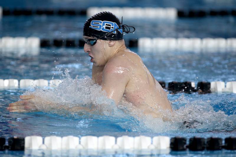 St. Charles North’s Aleksej Filipovic competes in the championship heat of the 200-yard individual medley during the IHSA Boys Swimming and Diving Championships at FMC Natatorium in Westmont on Saturday, Feb. 26. 2022.