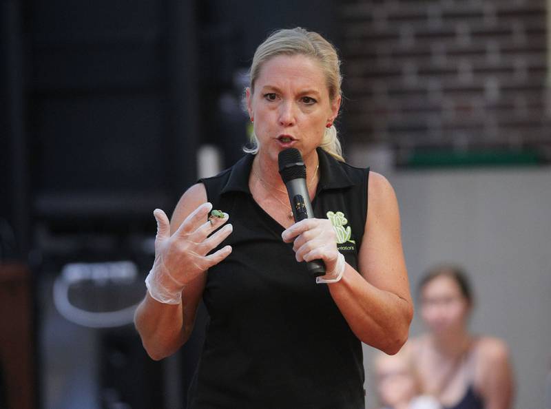 Deb Krohn, naturalist, talks about the Tiger-Leg Tree frog sitting on her finger during her FrogLady Reptile & Amphibian Show at the Lake Forest Library on Friday, June 30th, 2023.
Image by Candace H. Johnson for Shaw Local News Network