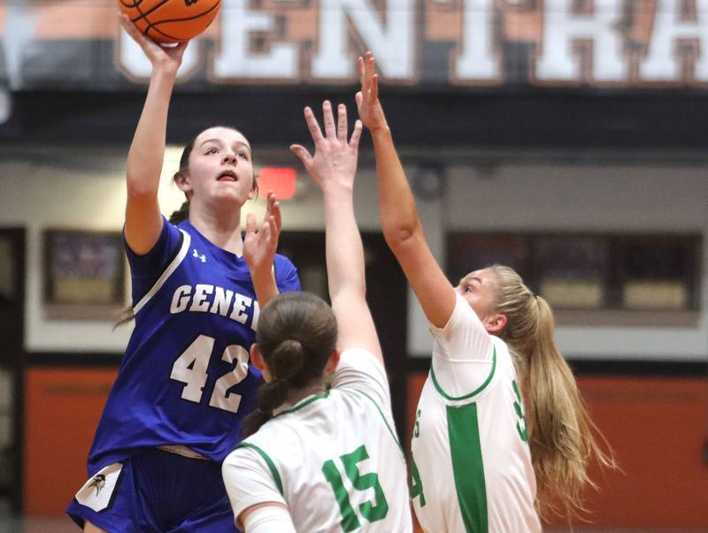 Geneva’s Adelyn Estabrook takes a shot against Crystal Lake South in girls IHSA Class 3A Sectional Championship basketball on Thursday, Feb. 26, 2026, at Crystal Lake Central High School in Crystal Lake.
