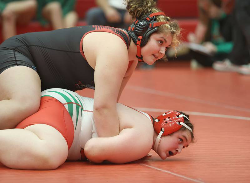 Ottawa's Juliana Thrush wrestles L-P's Lily Higgens during a meet on Thursday Jan. 8, 2026 in Kingman Gymnasium at Ottawa High School.