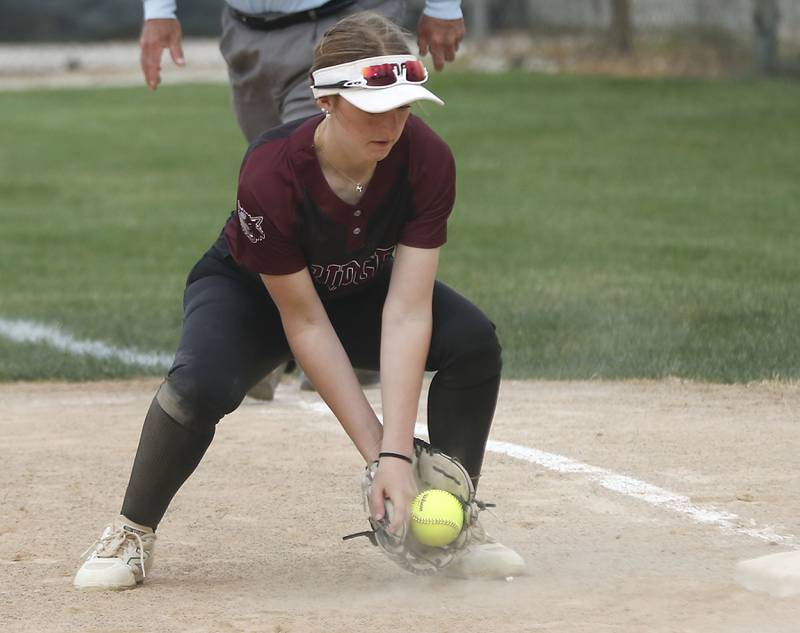 Prairie Ridge's Mary-Kate Center fields the ball during the Class 3A Prairie Ridge Regional Championship softball game against Cary-Grove on Friday, May 22, 2026, at Prairie Ridge High School.