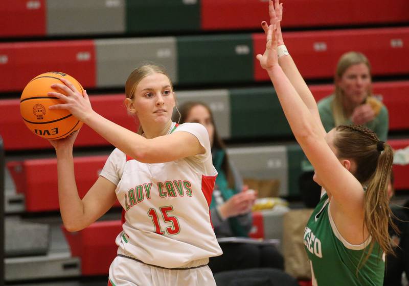 L-P's Margaret Boudreau looks to pass the ball over Geneseo's Payton Snider on Tuesday, Feb. 4, 2025 in AJ Sellett Gymnasium at L-P High School.