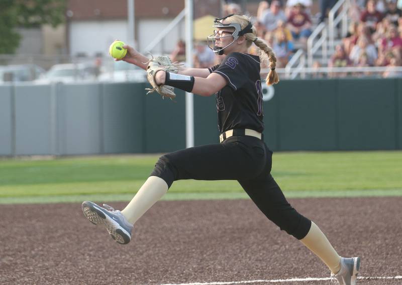 Serena relief pitcher Cassie Walsh lets go of a throw to LeRoy during the Class 1A Supersectional game on Monday, June 2, 2025 at Illinois Wesleyan Univesity in Bloomington.
