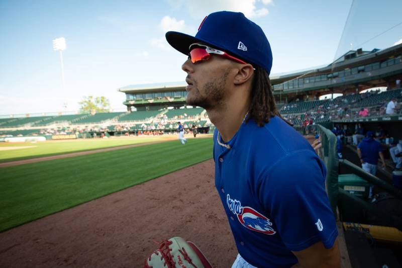Michael Hermosillo of the Iowa Cubs takes the field prior to a Minor League Baseball Triple-A East game against the Columbus Clippers at Principal Park on Tuesday, June 8, 2021 in Des Moines, Iowa. Photo courtesy of the Iowa Cubs