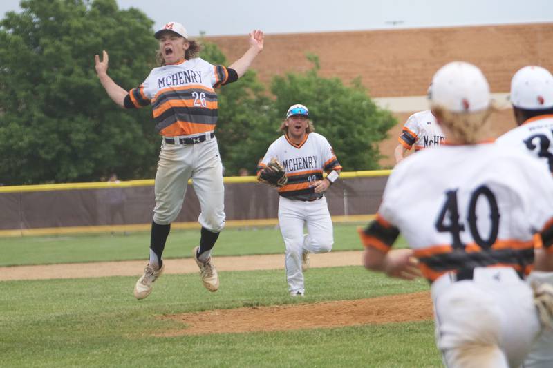 McHenry's Lleyton Grubich jumps for joy after the last out against Huntley at the Class 4A Sectional Final on June 4, 2022 in Algonquin.