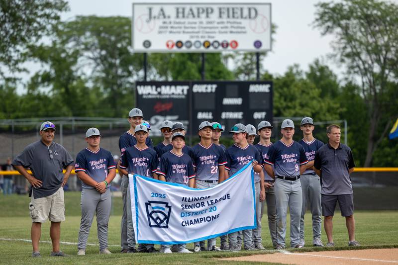 Illinois Valley District 20 Champions gather during the Central Region Tournament, opening Ceremony on Friday, July 11, 2025 at Washington Park in Peru.