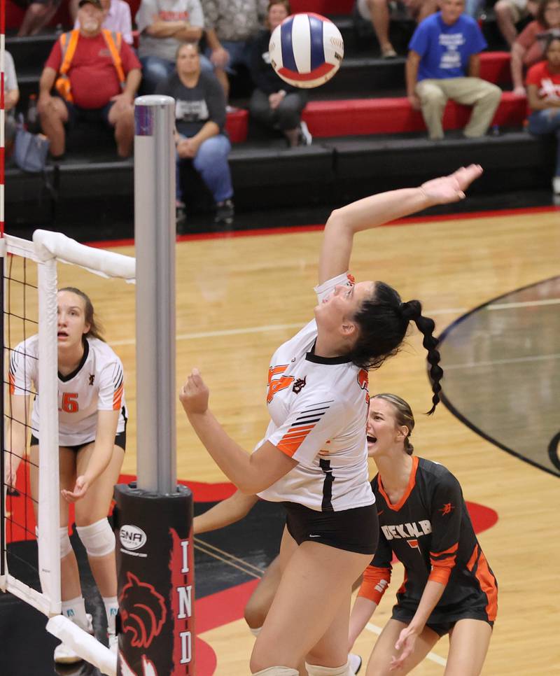 DeKalb's Ella Swanson spikes the ball during their match against Indian Creek Tuesday, Sept. 6, 2022, at Indian Creek High School in Shabbona.