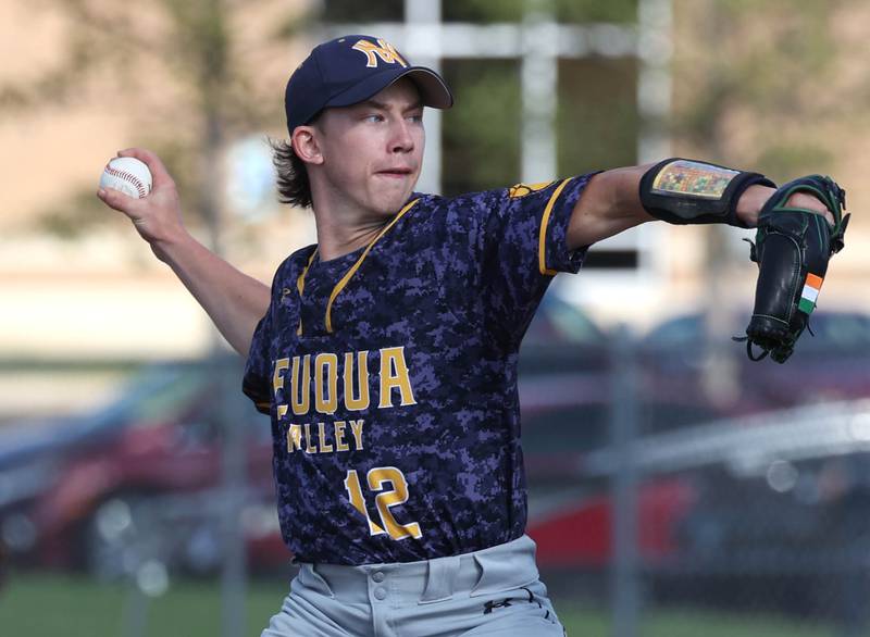 Neuqua Valley's Alex Voegele delivers a pitch during their game against DeKalb Tuesday, May 7, 2024, at DeKalb High School.