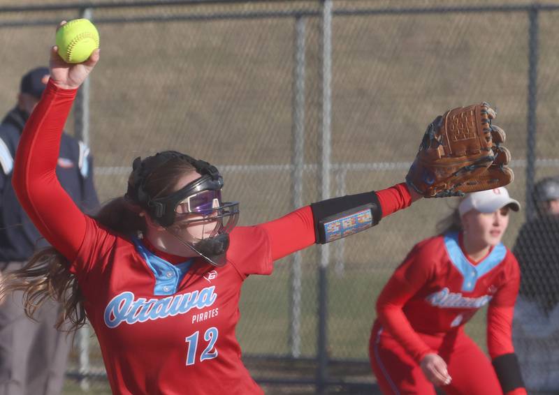 Ottawa pitcher Kennedy Kane lets go of a throw to Princeton on Friday, March 13, 2026 at Ottawa High School.