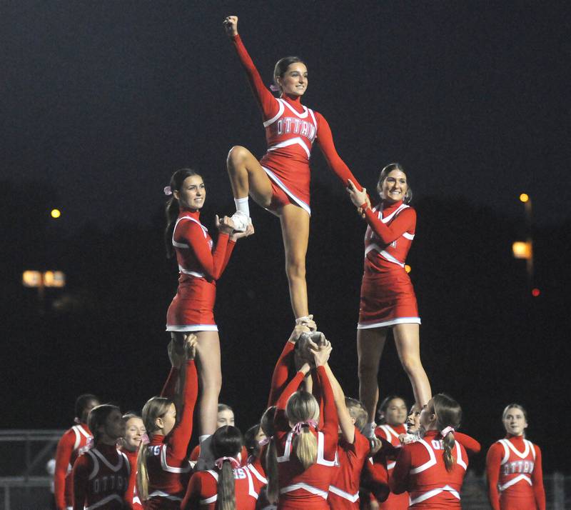 Ottawa cheerleaders perform before the homecoming game at King Field on Friday, Sept. 29, 2023.