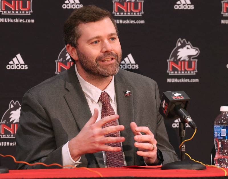 New Northern Illinois University men’s head basketball coach Matt Majkrzak speaks Tuesday, March 24, 2026, during a press conference introducing him in the Convocation Center at NIU in DeKalb.