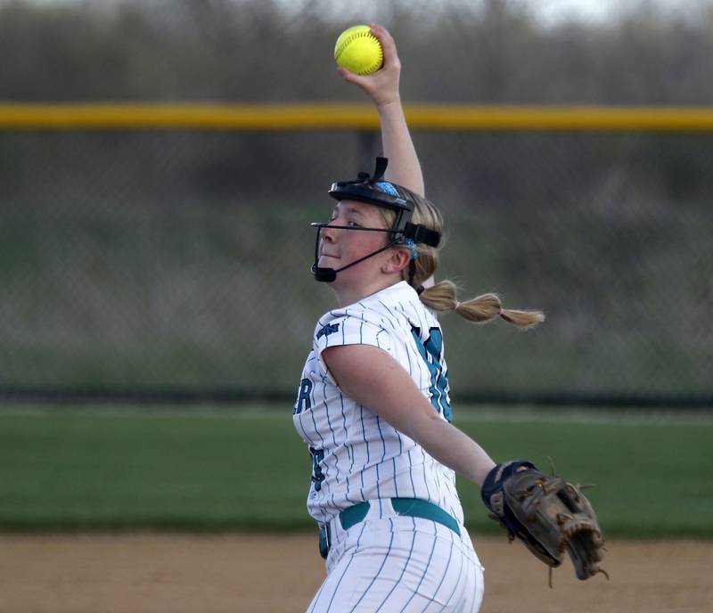 Woodstock North's Makayla Nordahl throws a pitch during a Kishwaukee River Conference softball game against Richmond-Burton on Thursday, April 16, 2026, at Woodstock North High School.