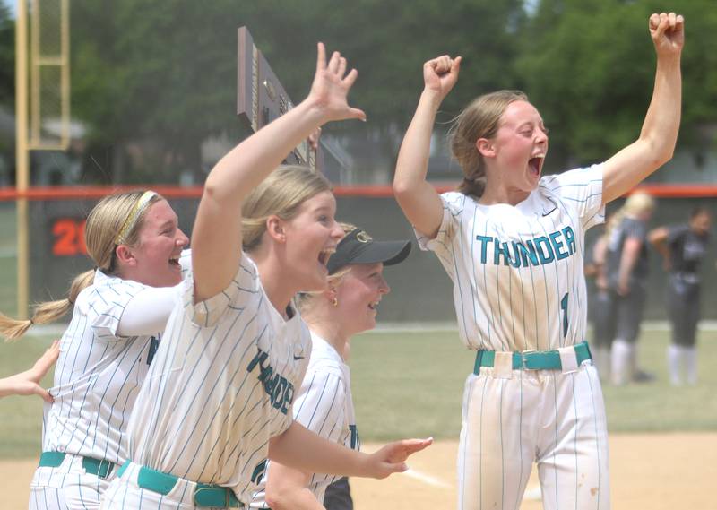 Woodstock North’s Thunder celebrate a 5-2 win over Crystal Lake Central in IHSA Class 3A Regional Title Game softball action on Saturday, May 23, 2026 at Crystal Lake Central High School in Crystal Lake.