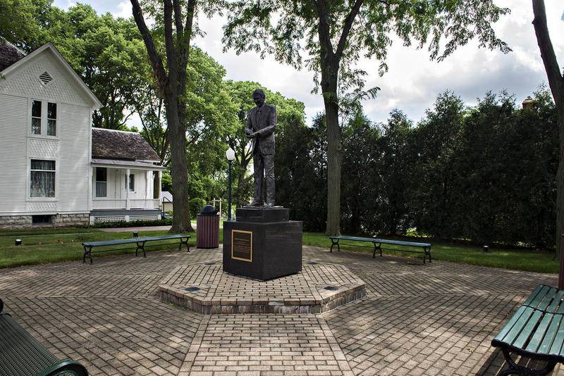 A statue of the 40th president is seen in a park next to the Boyhood home.