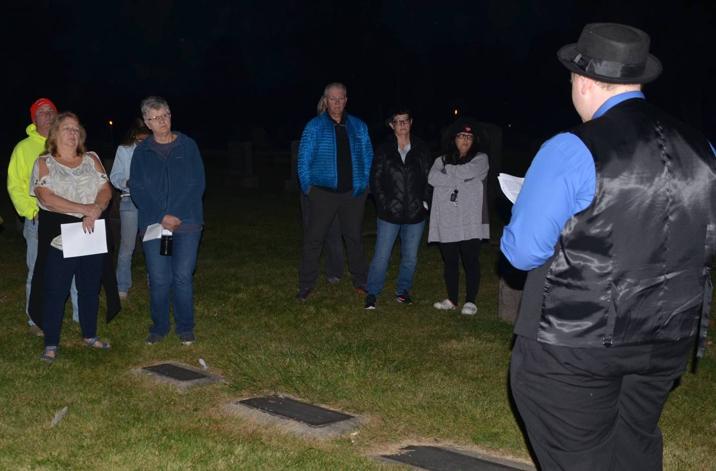 Oswego High School student Will Hatfield, right, portrays railroad worker William VonHoff during the Village of Montgomery’s annual cemetery walk at Riverside Cemetery Wednesday, Oct. 5. The free event is sponsored by the village’s Historic Preservation Commission.