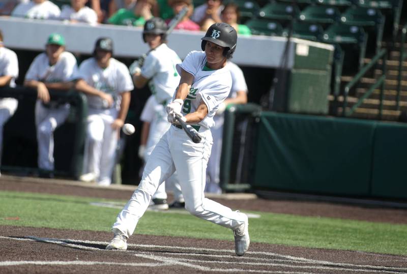 York’s Chris Danko gets a hit during a Class 4A state semifinal game against Edwardsville at Duly Health and Care Field in Joliet on Friday, June 9, 2023.