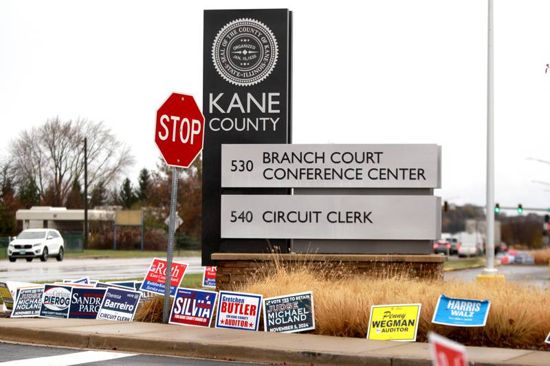 Election signs line the entrance to the Kane County Branch Court polling place for the General Election on Tuesday, Nov. 5, 2024 in St. Charles.