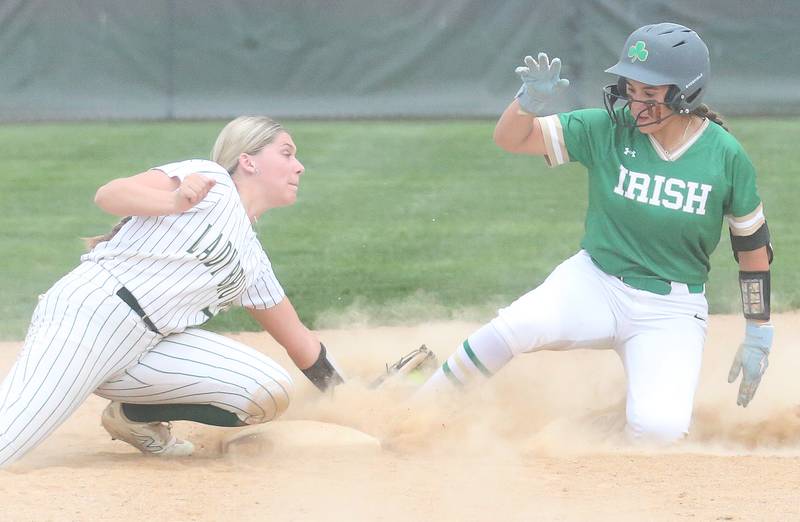 St. Bede's Maci Kelly tags out Seneca's Aurora Weber at second base on Monday, May 12, 2025 at St. Bede Academy.