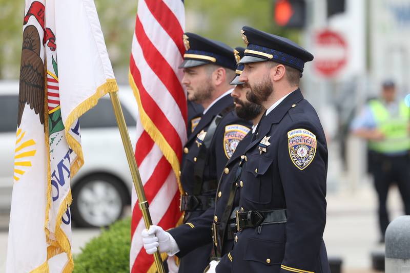 Joliet Police Honor Guard present the flags for the Posting of the Colors during the Will County Law Enforcement Memorial ceremony on Thursday, May 9, 2024 in downtown Joliet.