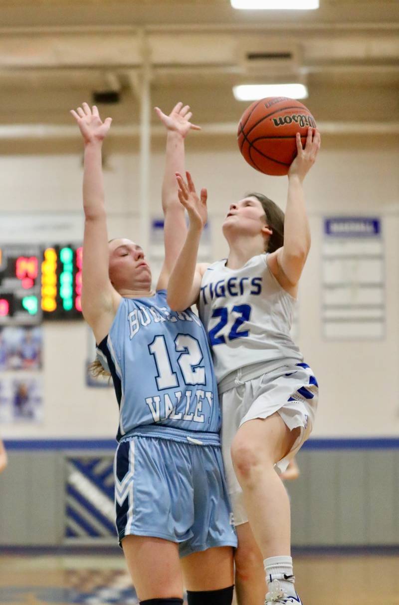 Princeton's Camryn Driscoll shoots over Bureau Valley's Kate Stoller Thursday night at Prouty Gym. The Tigresses won 48-34.