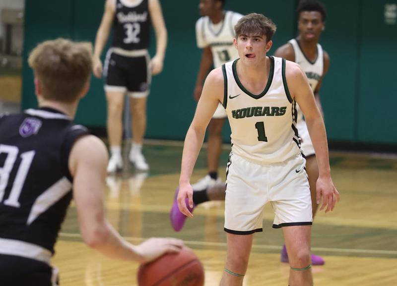 Kishwaukee College's Ben Larry guards Rockford University's Landon Nawracaj Thursday, Jan. 22, 2026, during their game at Kishwaukee College in Malta.