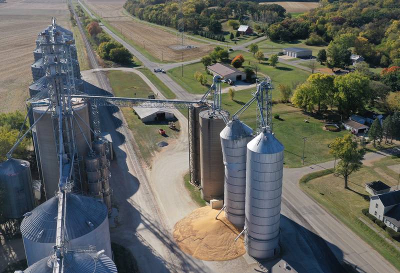 Some corn leaks out of a grain bin during a partial collapse at Rumbold & Kuhn Inc. on Tuesday, Oct. 15, 2024 in Putnam.