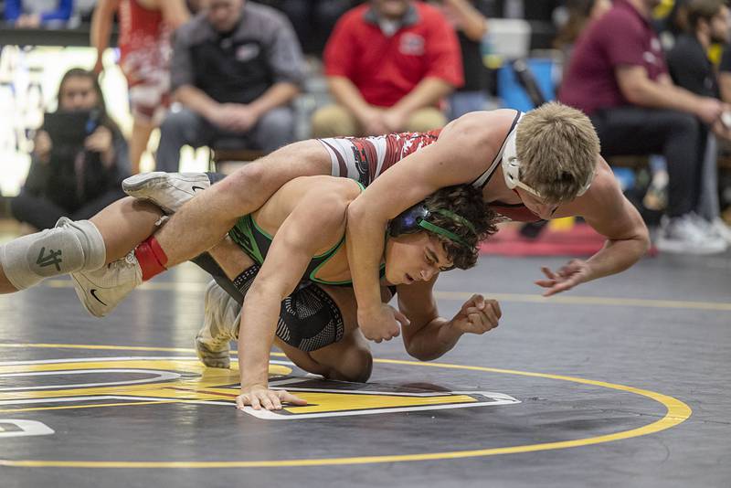 Erie’s Noah Wetzell  takes on Rock Falls’ Josiah Tarbill in the 144 pound finals Saturday, Jan. 31, 2026, during the Class 1A Wrestling Regionals at Riverdale High School. Tarbill won 14-3.