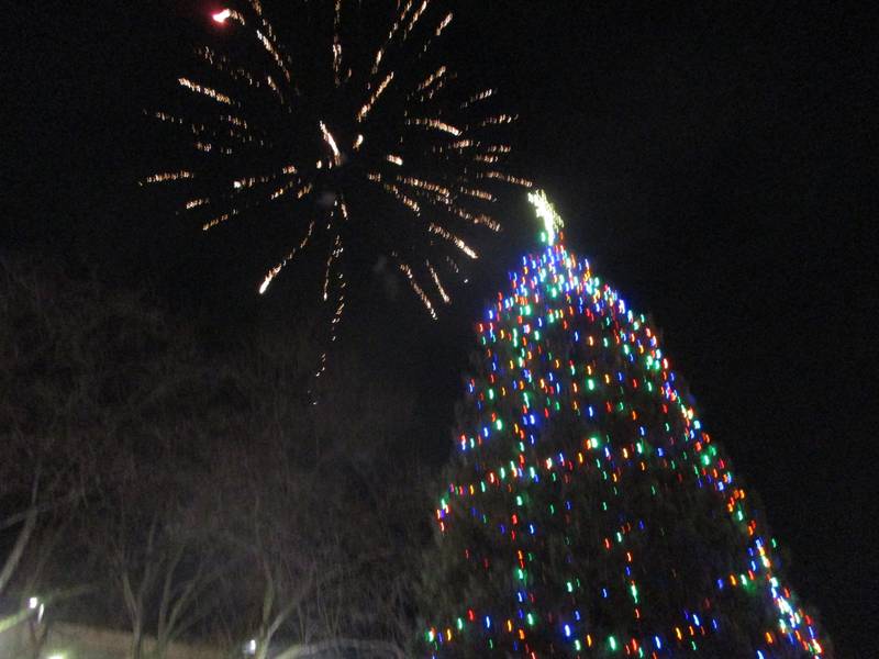 Fireworks explode above the Joliet city Christmas tree after it was lit for the first time during the Light Up the Holidays Festival and Parade on Friday, Nov. 26, 2021.