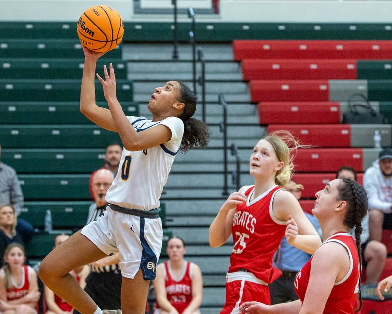 Alivia Gibson (0) of Sterling lays up ball during Regional Championship game on Thursday, Feb. 19, 2026 in Sellett Gymnasium at L-P High School.