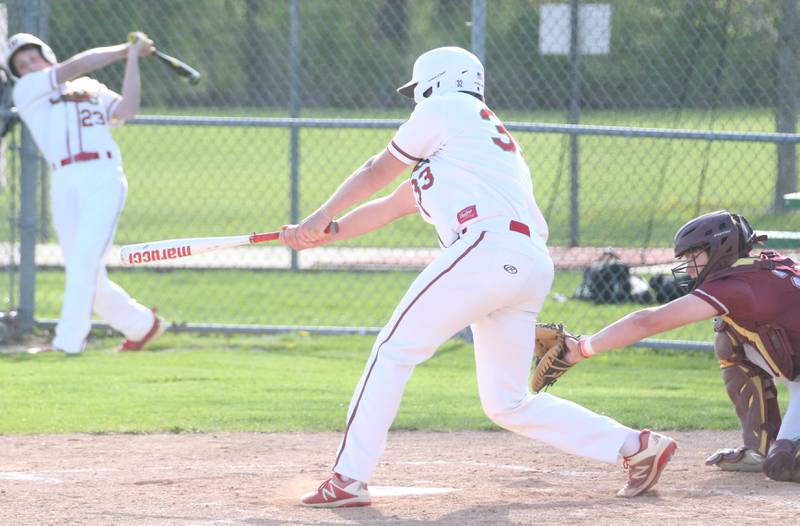 L-P's Gage Starkey strikes out swinging against Morris on Friday, April 21, 2023 at Dickinson Field in Oglesby.