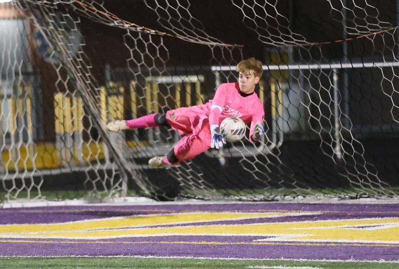Mendota keeper Mateo Goy makes a spectacular save against Quincy Notre Dame during the Class 1A Supersectional game on Monday, Nov. 3, 2025 at Mendota High School.